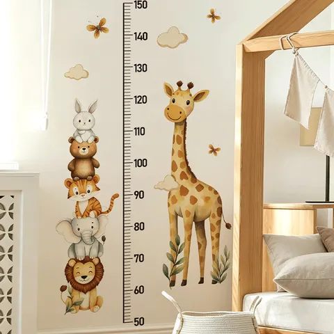 Cartoon Animal Height Growth Chart Wall Sticker For Kids Room Cute Giraffe Stacked Lion Elephant PVC Self Adhesive Removable Measurement Ruler Decal