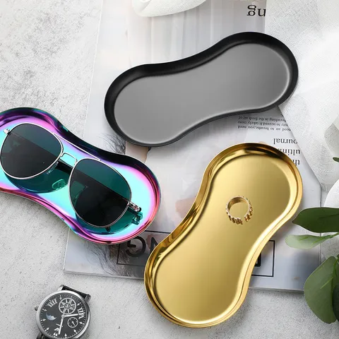 Nordic Style Stainless Steel Eyeglass Shape Jewelry Tray Minimalist Cosmetic Storage Plate Desktop Organizer Home Decor