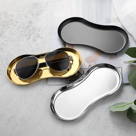 Nordic Style Stainless Steel Eyeglass Shape Jewelry Tray Minimalist Cosmetic Storage Plate Desktop Organizer Home Decor