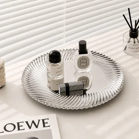 Modern Minimalist Stainless Steel Round Storage Tray Spiral Pattern Vanity Jewelry Tray Home Decorative Fruit Plate