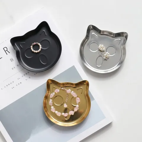Creative Stainless Steel Cat Head Paw Bone Shape Jewelry Tray Cute Desktop Small Items Storage Plate Organizer