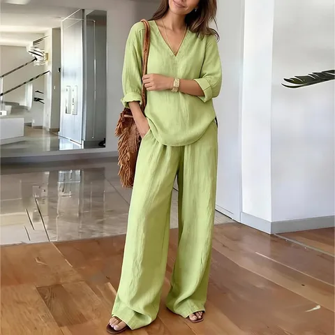 Women Casual Commuter V-Neck Long Sleeve Top And Straight Pants Set Solid Color Polyester Loose Fit Outfit