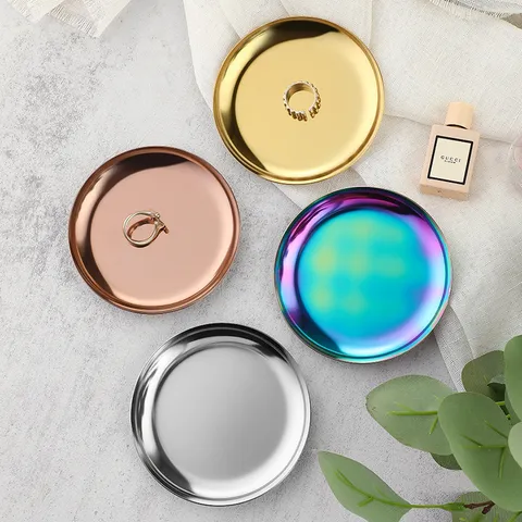 Modern Minimalist Stainless Steel Round Storage Tray Metal Jewelry Display Plate Cosmetics Organizer Desktop Decor