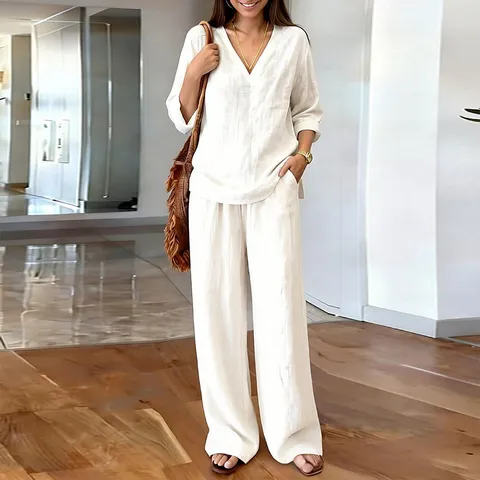 Women Casual Commuter V-Neck Long Sleeve Top And Straight Pants Set Solid Color Polyester Loose Fit Outfit