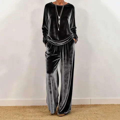 Women Casual Velvet Long Sleeve Crewneck Pullover Top And Wide Leg Pants Set Minimalist Fashion Winter Tracksuit