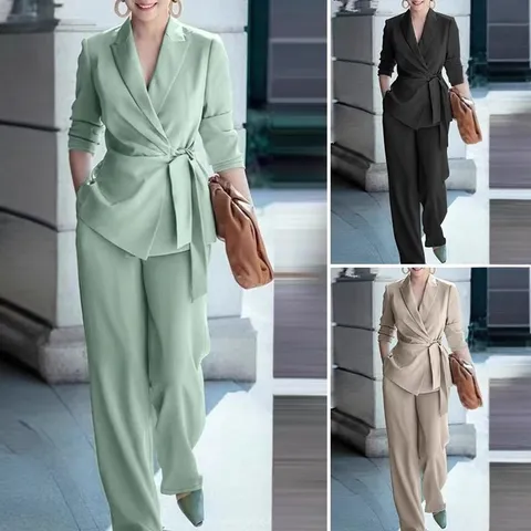 Women Fashion Elegant Solid Color Blazer Suit For Women Casual Lace-up Waist Top And Bottom Autumn Commuter Polyester Outfits
