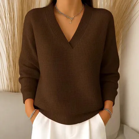 Women's Casual Waffle Knit V Neck Long Sleeve Solid Color Loose Pullover Top
