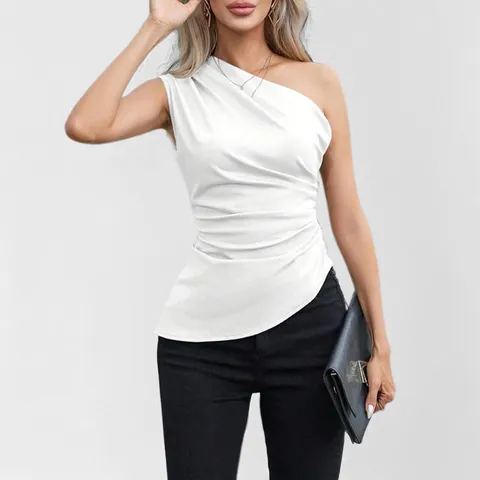 Women's Sexy Slash Neck One Shoulder Sleeveless Slim Fit Crop Top Solid Color Casual Streetwear T-Shirt