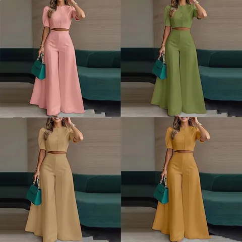 Women Fashion Casual Elegant Short Top And Trousers Set Top And Bottom Commuter Style Polyester Clothing