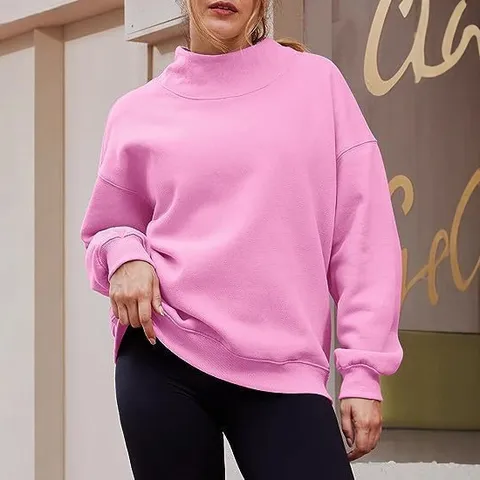 Women Casual Mock Neck Long Sleeve Pullover Sweatshirt Solid Color Loose Fit Fall Winter Fashion Basic Daily Top
