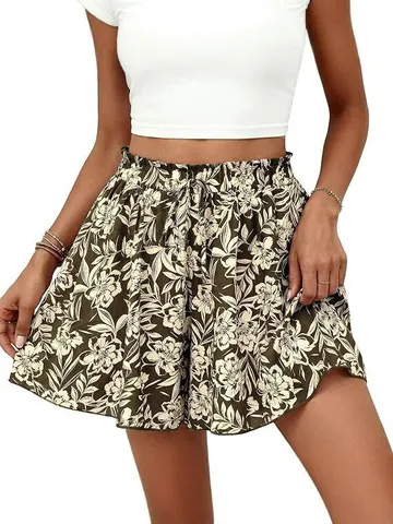 Women's Casual High Waist Floral Print A-Line Shorts Elastic Drawstring Beach Vacation Summer Loose Short Pants