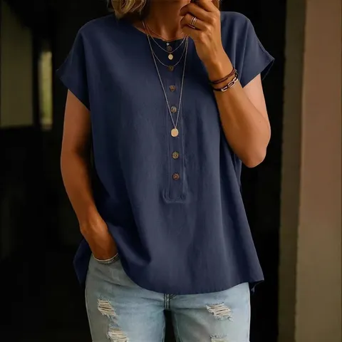 Women Casual Short Sleeve T Shirt Solid Color Crew Neck Loose Fit Button Front Polyester Top For Summer Daily Wear