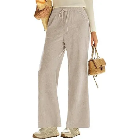 Women's Casual High Waist Corduroy Wide Leg Pants Loose Straight Long Trousers With Drawstring Pockets