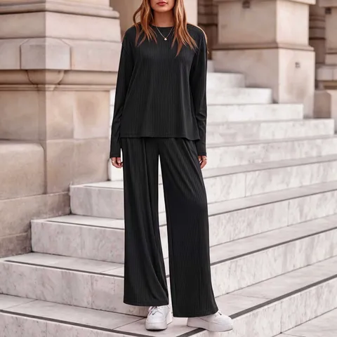 Women Casual Ribbed Long Sleeve Top And Straight Pants Set Solid Color Loose Pullover Outfit