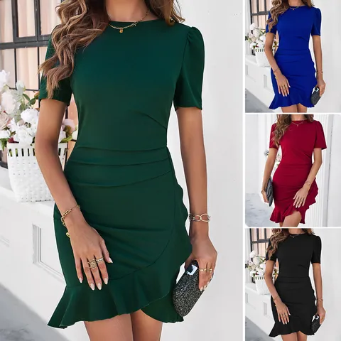 Elegant Round Neck Solid Color Slim Bodycon Dress Women Short Sleeve Ruffle Hem Mermaid Midi Dress For Party Office Banquet