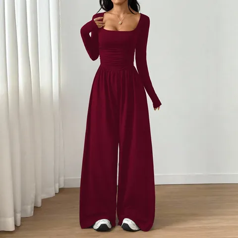Women Long Sleeve Square Neck Casual Wide Leg Slim Fit Solid Color Jumpsuit Fashion Elegant High Waist Long Pants
