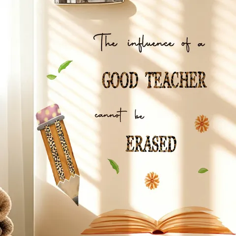 Leopard Print Pencil Book Wall Sticker Inspirational Teacher Quote PVC Wall Decal For Study Room Classroom Decor Art Mural