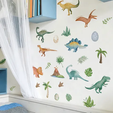 Cartoon Dinosaur Wall Stickers PVC Green Leaves Dinosaur Egg Decals For Kids Room Bedroom Background Wall Decoration