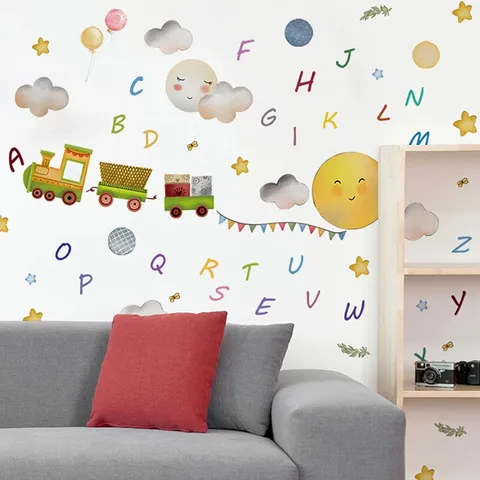 Cartoon Zon Trein Alfabet Muursticker Voor Kinderkamer Slaapkamer PVC Zelfklevende Educatieve Letters Muurstickers Decoratie