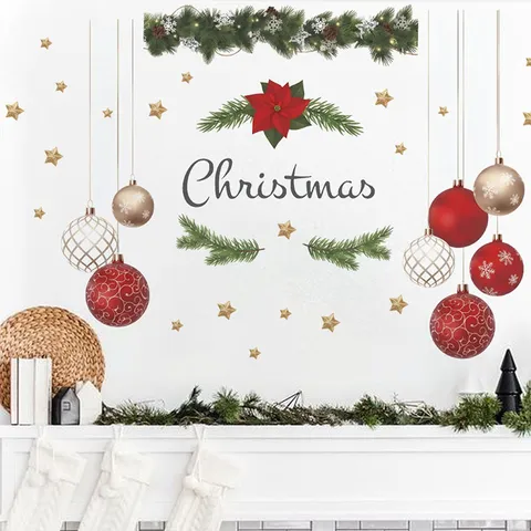 Christmas Wall Sticker PVC Self Adhesive Removable Ball Pine Branch Pattern Living Room Festive Home Decor Wall Decal Painting