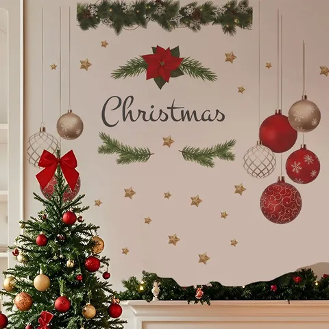 Christmas Wall Sticker PVC Self Adhesive Removable Ball Pine Branch Pattern Living Room Festive Home Decor Wall Decal Painting