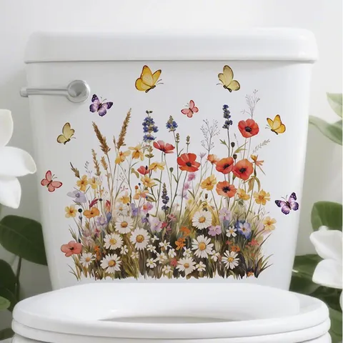 Butterfly Flower Cluster Wall Stickers PVC Waterproof Removable Toilet Stickers Pastoral Style Floral Background Decor For Kitchen Bathroom