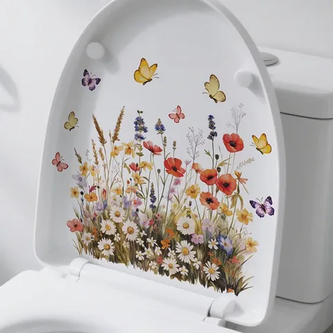 Butterfly Flower Cluster Wall Stickers PVC Waterproof Removable Toilet Stickers Pastoral Style Floral Background Decor For Kitchen Bathroom