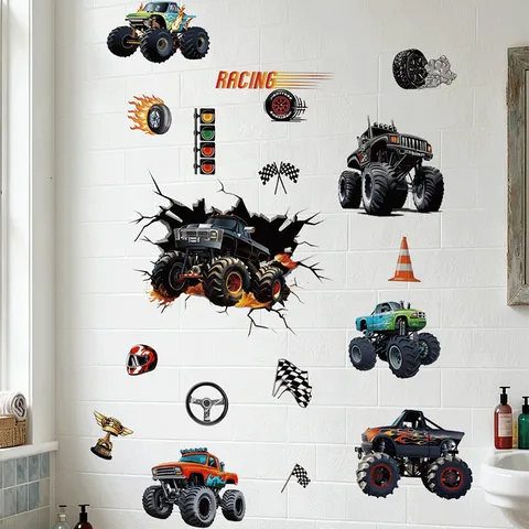 Monstertruck Wandtattoos Abnehmbare PVC Selbstklebende Rennwagen Wandaufkleber Druck Jungen Schlafzimmer Deko Wohnzimmer Hintergrund Wandposter