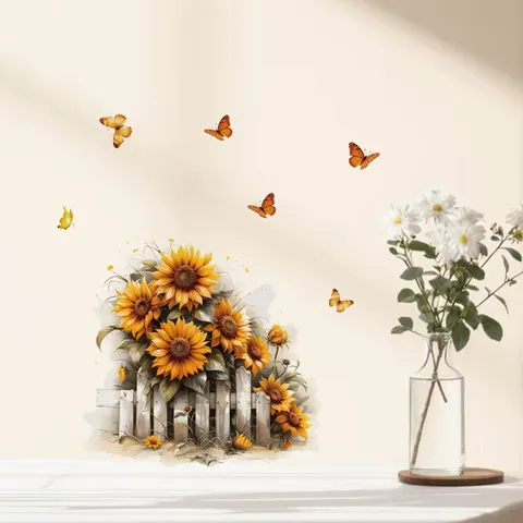 Pastoral Sunflower Fence Butterfly PVC Self-Adhesive Wall Sticker For Bedroom Living Room Background Entryway Decor