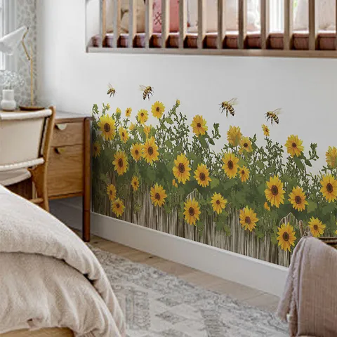Sunflower Bee Wooden Fence Wall Sticker PVC Self Adhesive Mural For Living Room Bedroom Study Home Decor Printed Wall Decal