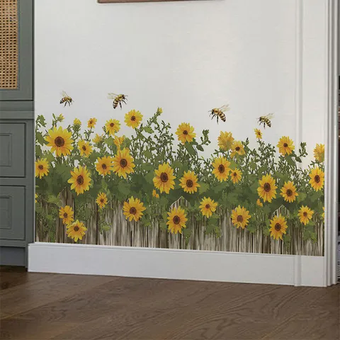 Sunflower Bee Wooden Fence Wall Sticker PVC Self Adhesive Mural For Living Room Bedroom Study Home Decor Printed Wall Decal