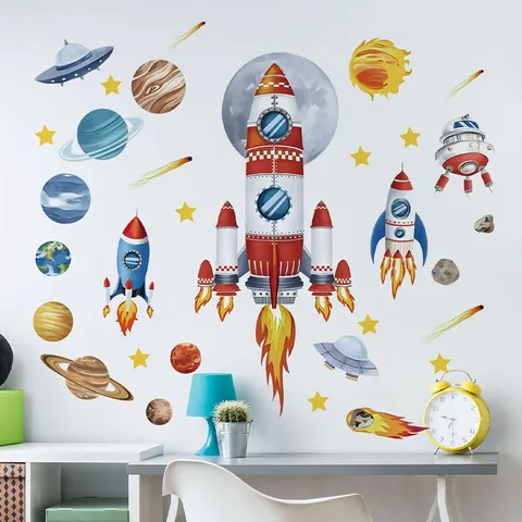 Sticker Mural Dessin Animé Espace Galaxie PVC Autocollant Planète Fusée UFO Ciel Étoilé Motif Géométrique Autocollant Décoratif pour Chambre d'Enfant Garçons Décoration Maison