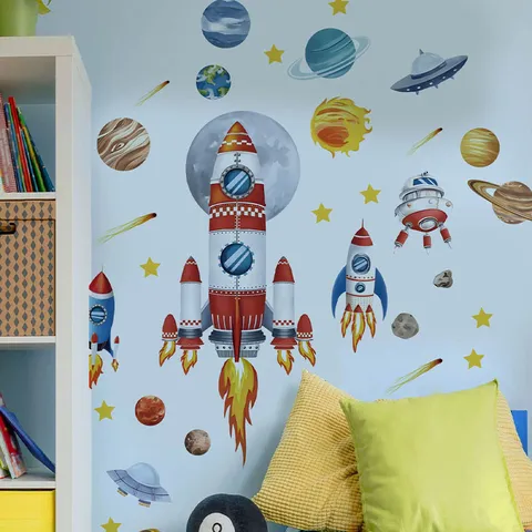 Sticker Mural Dessin Animé Espace Galaxie PVC Autocollant Planète Fusée UFO Ciel Étoilé Motif Géométrique Autocollant Décoratif pour Chambre d'Enfant Garçons Décoration Maison