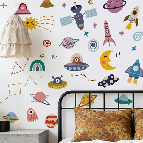 Cartoon Universum Weltraum Planet Rakete Raumschiff Wandaufkleber Wasserdicht PVC Selbstklebende Decals Für Kinderzimmer
