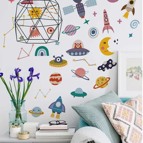 Cartoon Universum Weltraum Planet Rakete Raumschiff Wandaufkleber Wasserdicht PVC Selbstklebende Decals Für Kinderzimmer