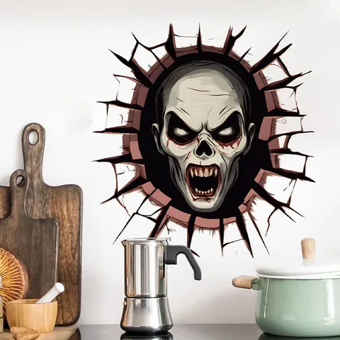 Sticker de Toilette Halloween 3D Crâne Zombie Mur Brisé PVC Imperméable Horreur Sticker Mural Pour Salle De Bain Decor