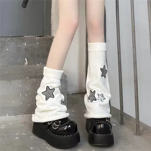 Jambières en Tricot pour Femmes Y2K Harajuku Slouch Socks Étoile Strass Décoré Kawaii Esthétique Mignon Chaussettes Longues
