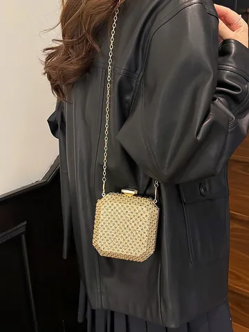 Elegante Strass Gitter Mini Kette Umhängetasche Für Damen Luxus PU Leder Abendtasche Für Hochzeiten Und Partys Geschenk