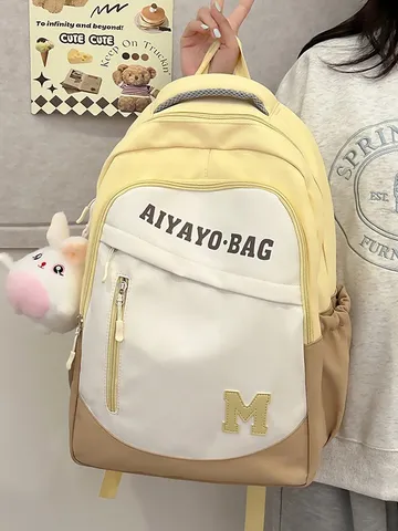 Mode Kontrastfarbe Nylon Schulrucksack Große Kapazität Atmungsaktiv Verschleißfest Buchstabe Drucken Schultasche Für Schüler Unisex Reiserucksack