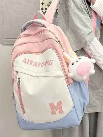 Mode Kontrastfarbe Nylon Schulrucksack Große Kapazität Atmungsaktiv Verschleißfest Buchstabe Drucken Schultasche Für Schüler Unisex Reiserucksack