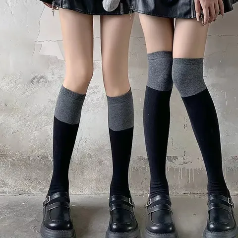 Estilo Universitario Japonés Negro Gris Patchwork Calcetines por Encima de la Rodilla Mujer Primavera Otoño Mezcla Algodón