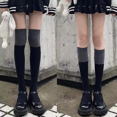 Estilo Universitario Japonés Negro Gris Patchwork Calcetines por Encima de la Rodilla Mujer Primavera Otoño Mezcla Algodón