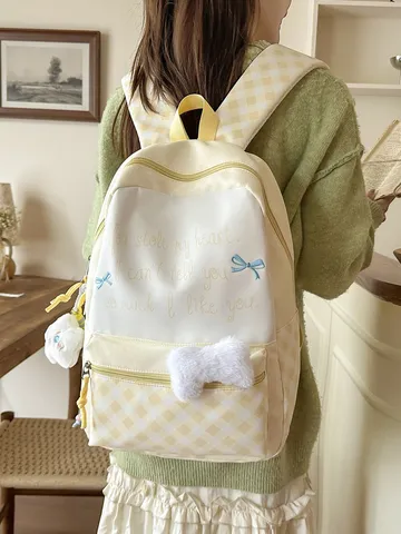 Japanisch Preppy Kariert Nylon Schulrucksack Große Kapazität Kontrastfarbe Pünktchen Wasserdicht Schüler Schultasche Für Mädchen