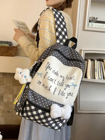Japanisch Preppy Kariert Nylon Schulrucksack Große Kapazität Kontrastfarbe Pünktchen Wasserdicht Schüler Schultasche Für Mädchen