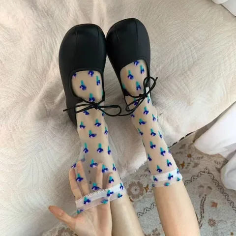 Women's Spring Summer Transparent Mesh Mid-Tube Socks Dopamine Colorful Stripes Floral Sheer Casual Fashion Socks
