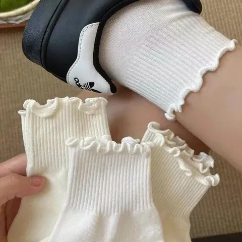 Calcetines Medios de Algodón con Borde Volante para Mujer Color Sólido Transpirable Antibacteriano Calcetines Cortos Casuales