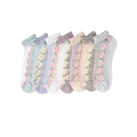 Calcetines Cortos de Seda de Cristal Transparente para Mujer Dulce Ribete de Encaje Floral Transpirable Verano Casual Calcetines de Tobillo de Malla
