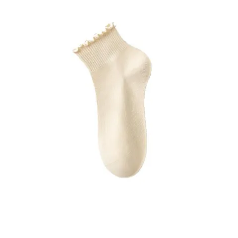 Calcetines Medios de Algodón con Borde Volante para Mujer Color Sólido Transpirable Antibacteriano Calcetines Cortos Casuales