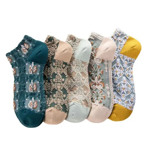 Calcetines Invisibles de Mujer Primavera Verano Vintage Relieve Floral Transpirables Dulces Casual