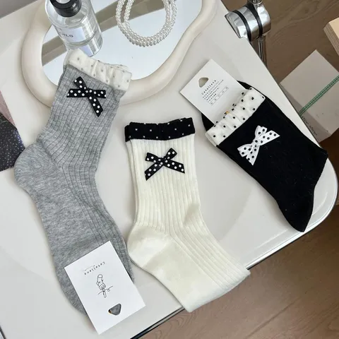 Estilo Ins Coreano Volante Lazo Topos Media Caña Slouch Calcetines Algodón Transpirable Casual Moda Mujeres Calcetines